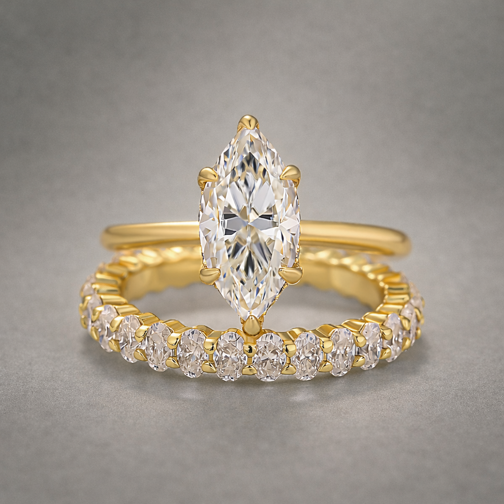 S925 Moissanite 2Ct Marquise Cut Bridal Ring Set Everyday Wearable Ring Set For Women