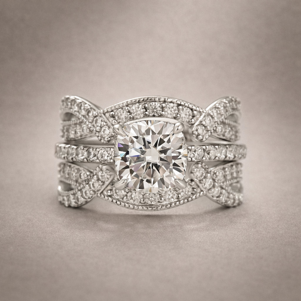 S925 Moissanite 2Ct Cushion Cut Enhancer Bridal Ring Set Vintage Stackable Rings For Anniversary Ring Gift