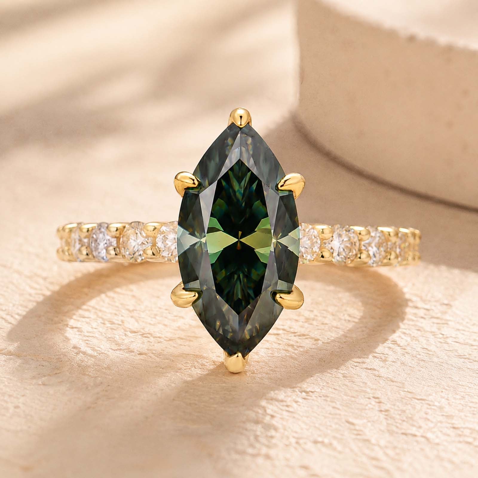 S925 Moissanite 3.0 Ct Marquise Cut Green/White Stone Yellow Gold Plated Engagement Ring