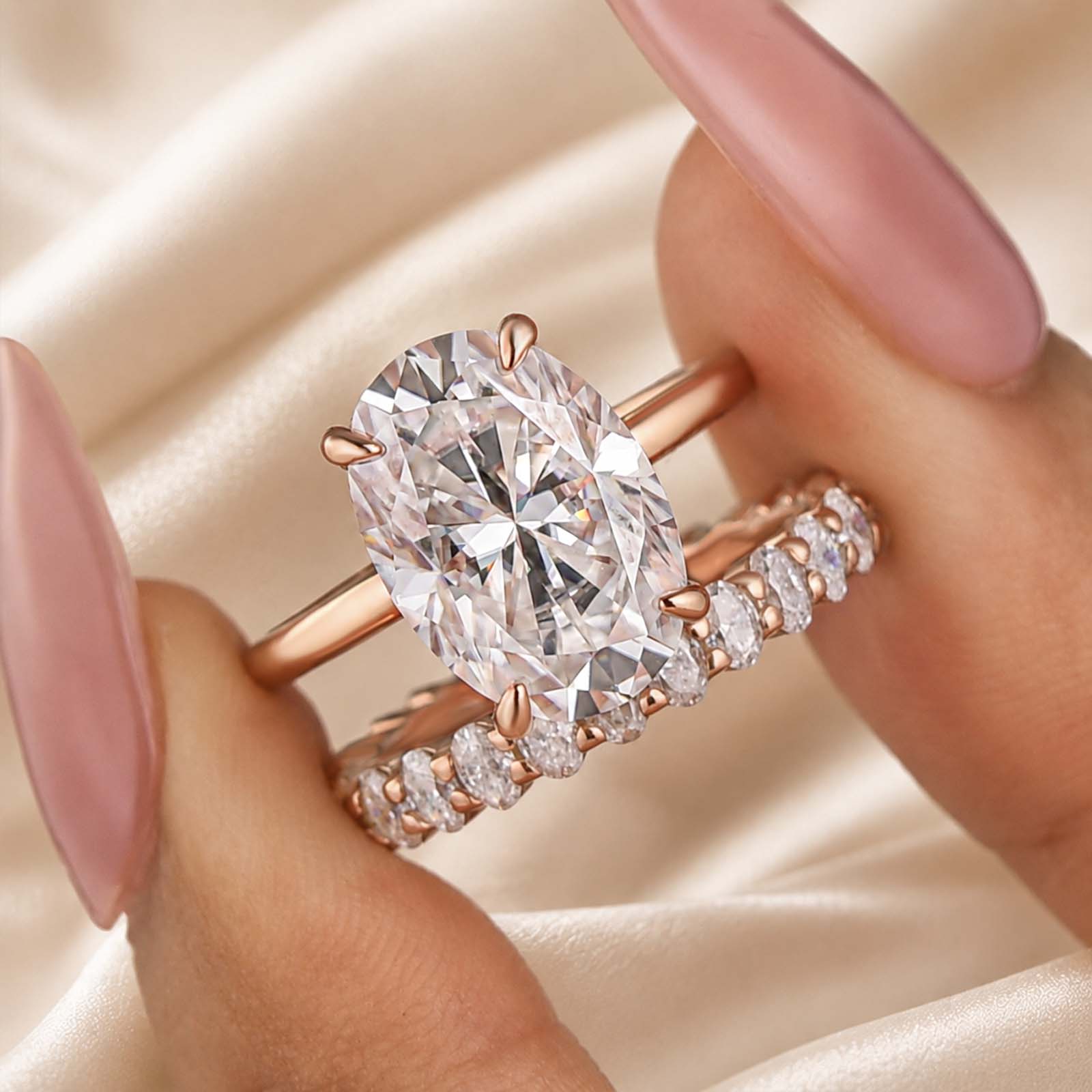 S925 Moissanite 5.5 Ct Hidden Halo Oval Cut Engagement Ring With Eternal Oval Cut Ring Bridal Ring Set