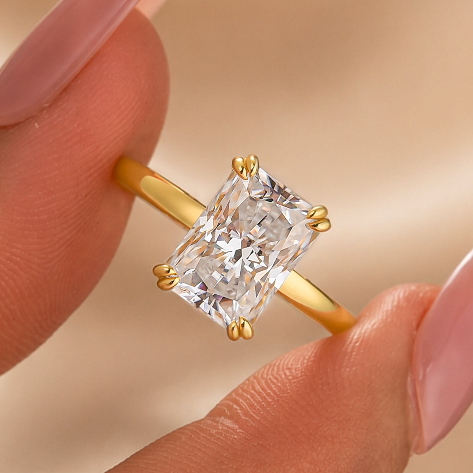 S925 Moissanite 3.5Ct Radiant Cut Hidden Halo Engagement Ring Gold Plated Promise Ring For Women