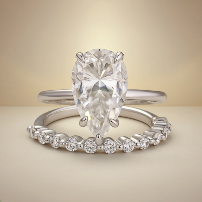 S925 Moissanite 4.0Ct Pear Cut Bridal Ring Set Stackable Everyday Wearable Rings