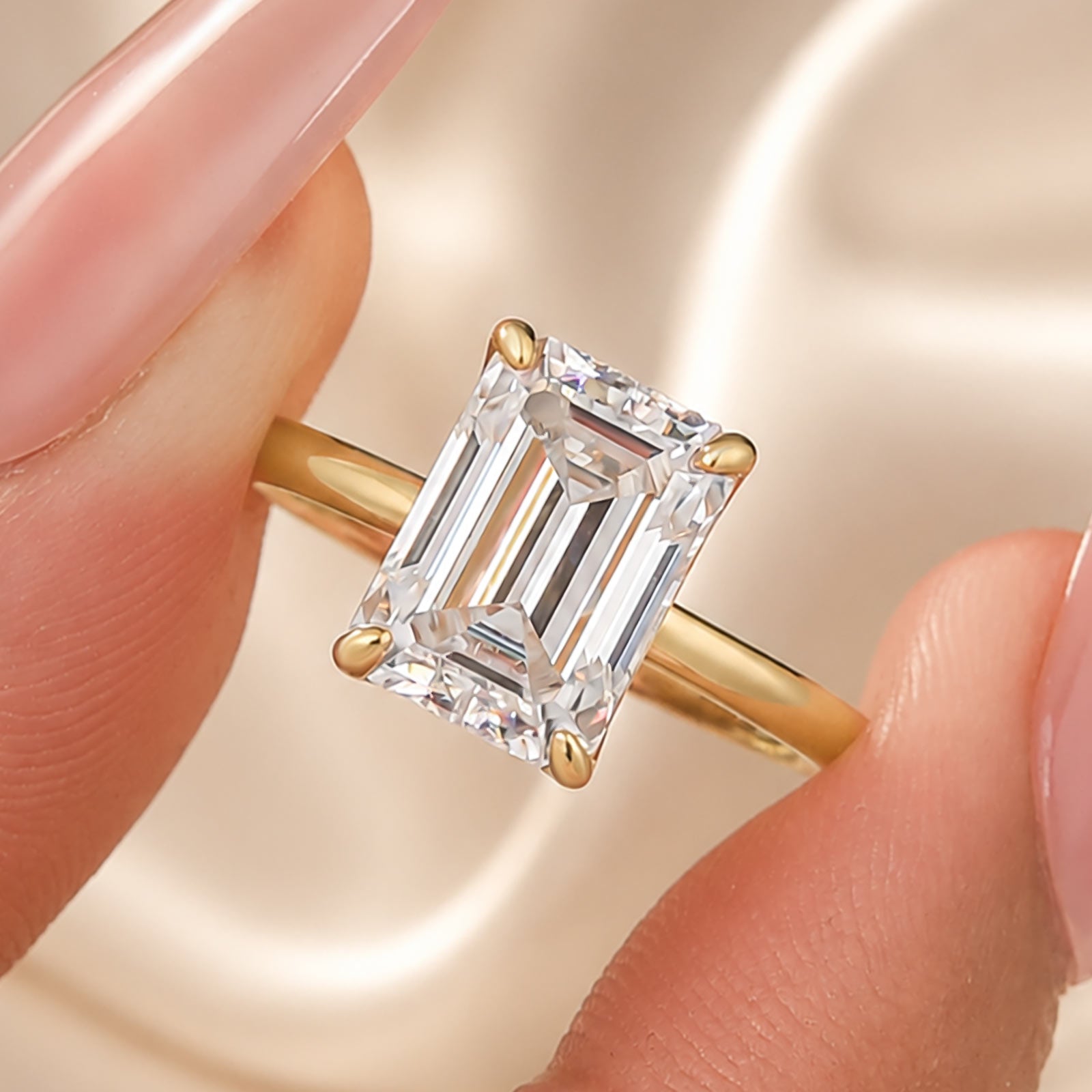 S925 Moissanite 3.5Ct Emerald Cut Solitaire Ring In 18K Yellow Gold Plated Sterling Silver