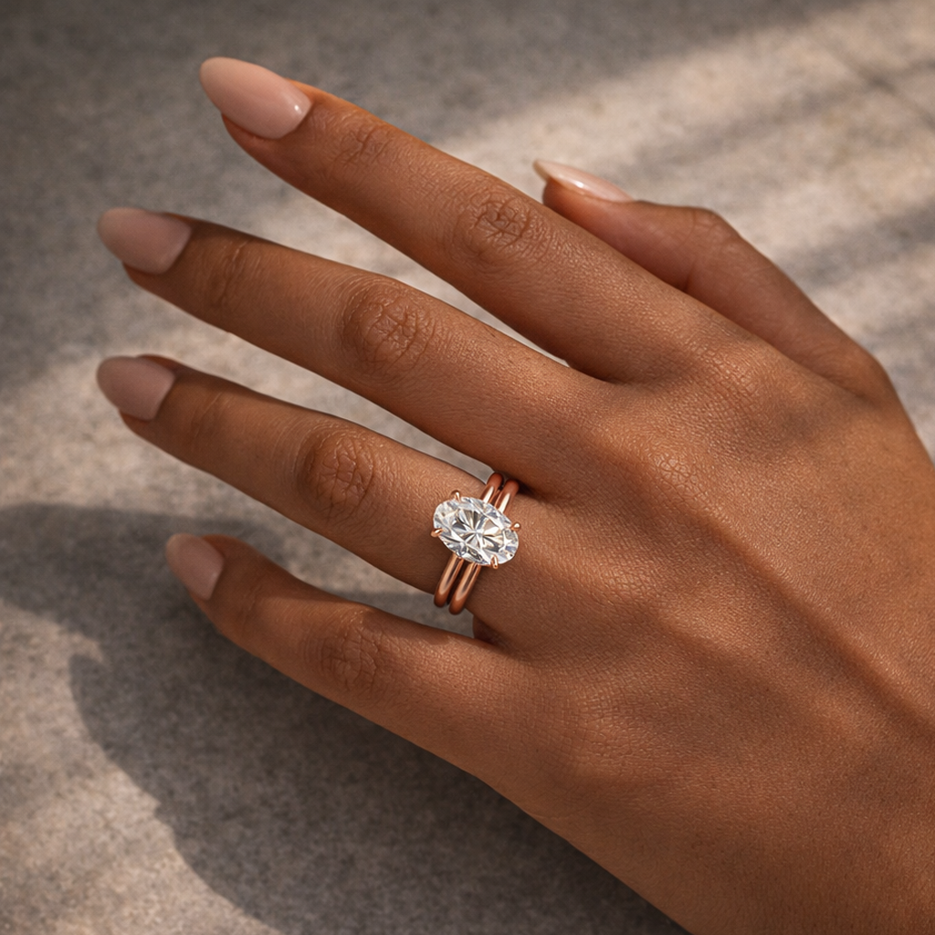 S925 Moissanite 4.0Ct Solitaire Oval Cut Engagement Ring with Plain Wedding Band