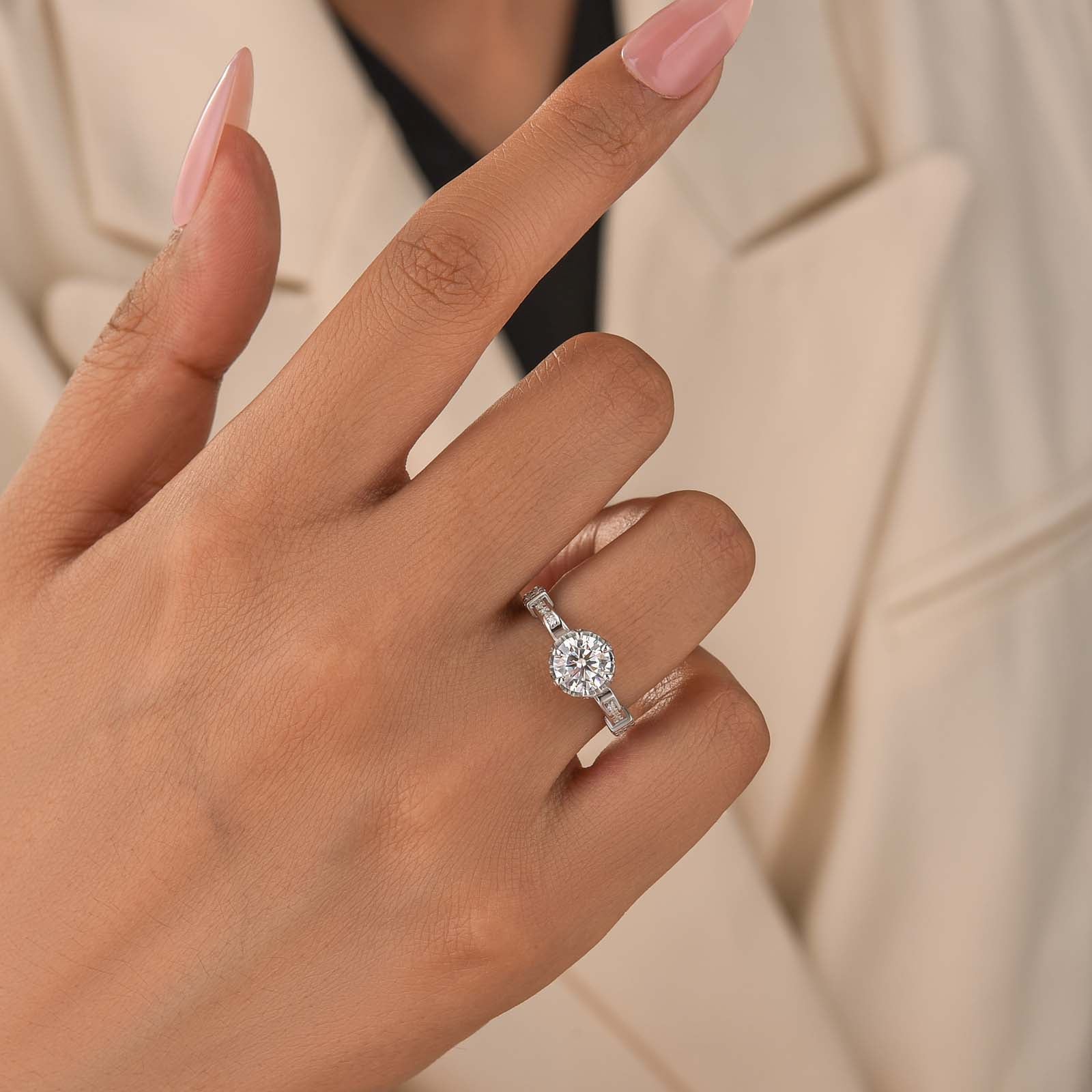 Gelovely Moissanite 1.0Ct~2.0Ct  Round Cut Twist White Gold Promise Bridal Ring