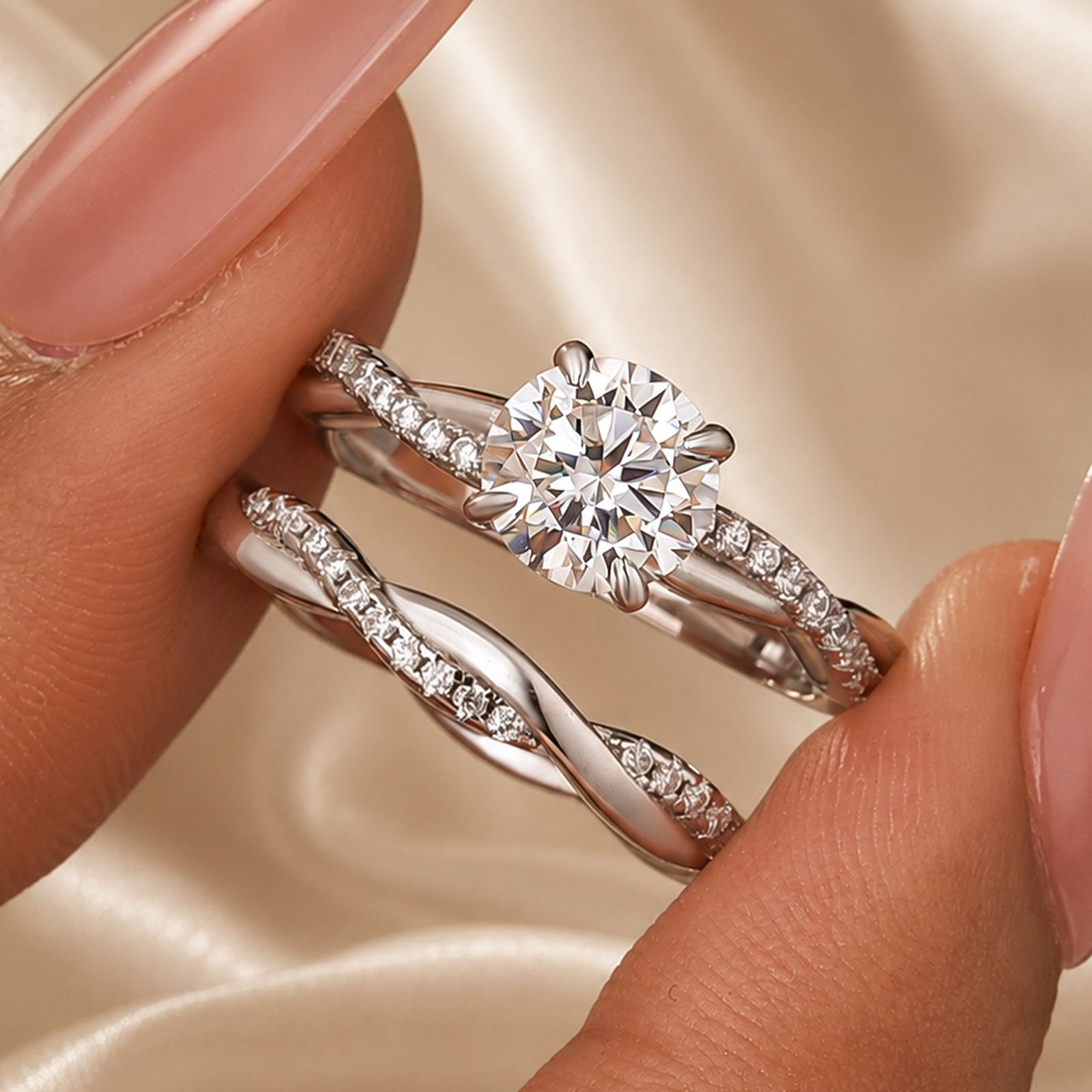 S925 Moissanite 1Ct Round Cut Twist Bridal Ring Set Gold Plated Promise Travel Wedding Ring Set