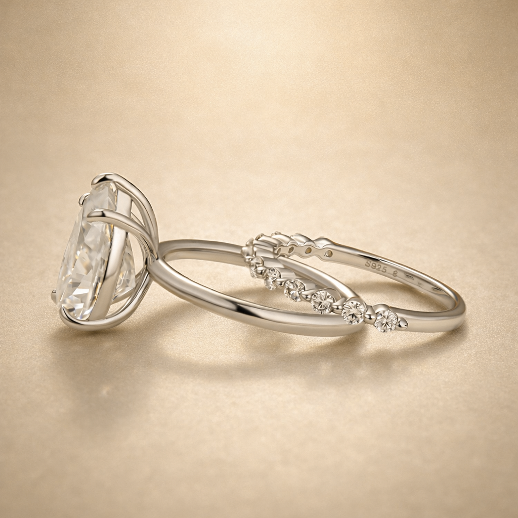 S925 Moissanite 4.0Ct Pear Cut Bridal Ring Set Stackable Everyday Wearable Rings