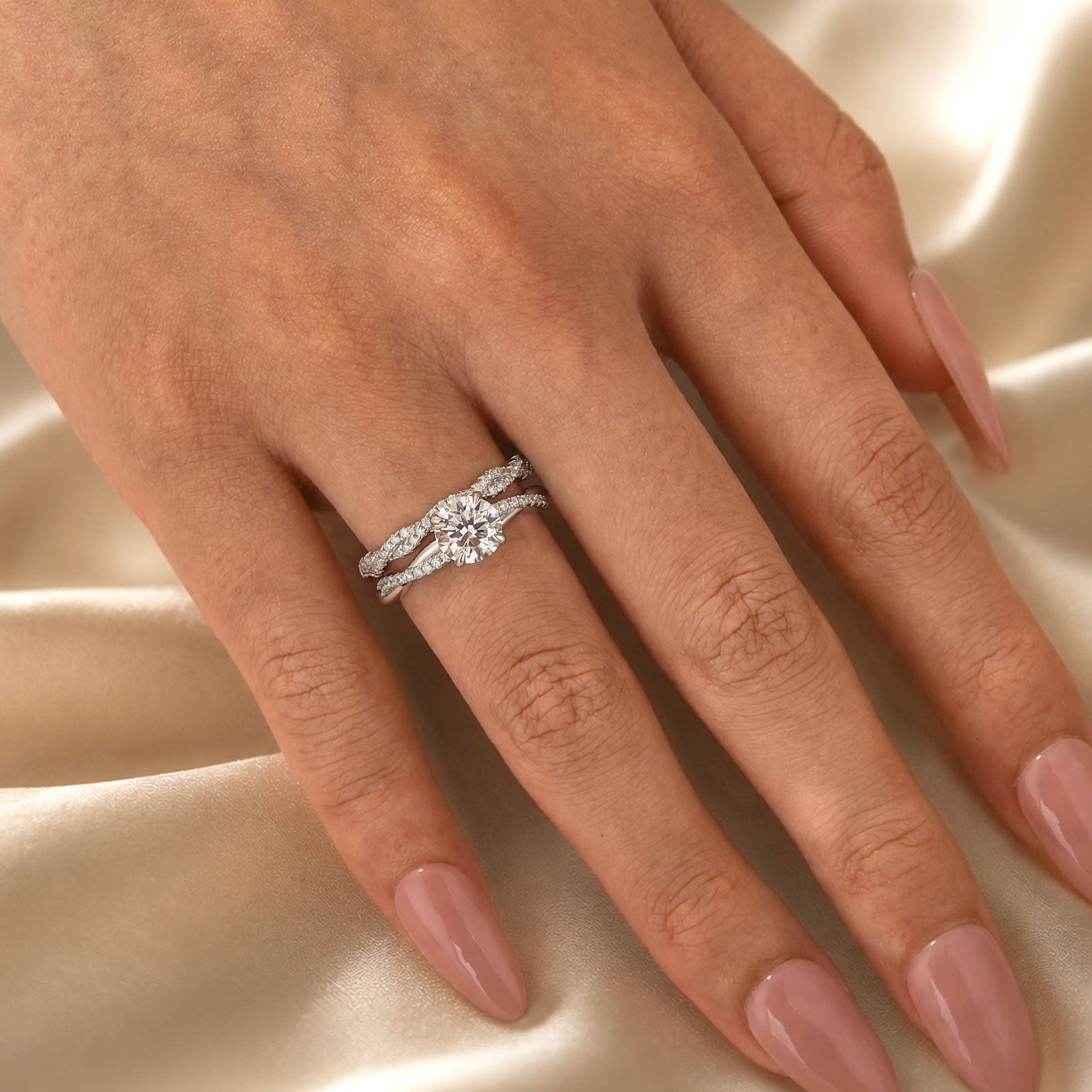 S925 Moissanite 1Ct Round Twist Promise Ring With 0.35Ct Wedding Band Stackable Bridal Rings