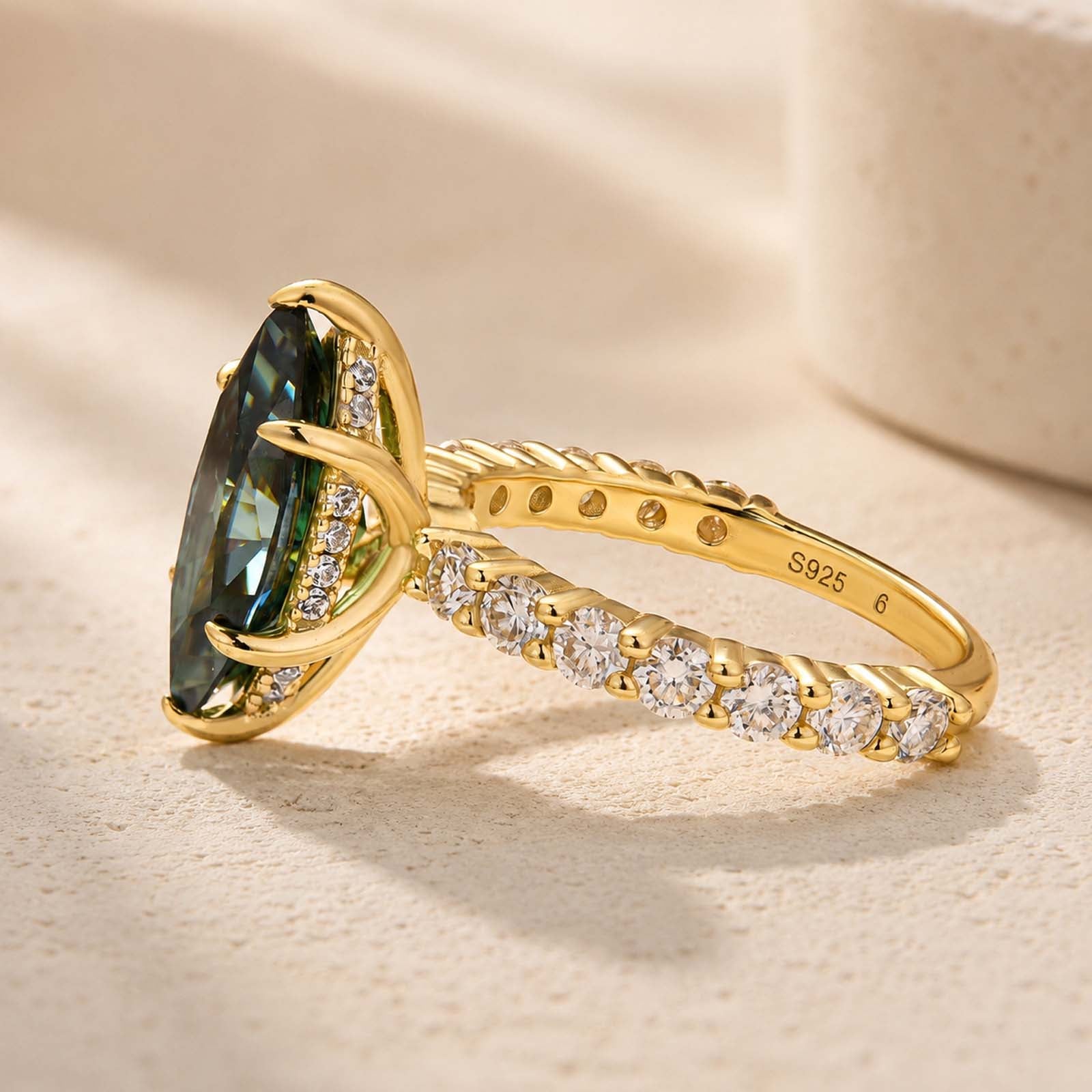 S925 Moissanite 3.0 Ct Marquise Cut Green/White Stone Yellow Gold Plated Engagement Ring