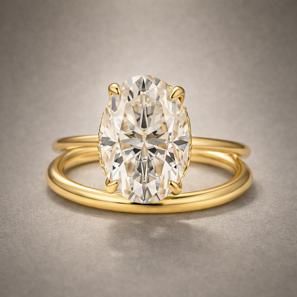 S925 Moissanite 4.0Ct Solitaire Oval Cut Engagement Ring with Plain Wedding Band