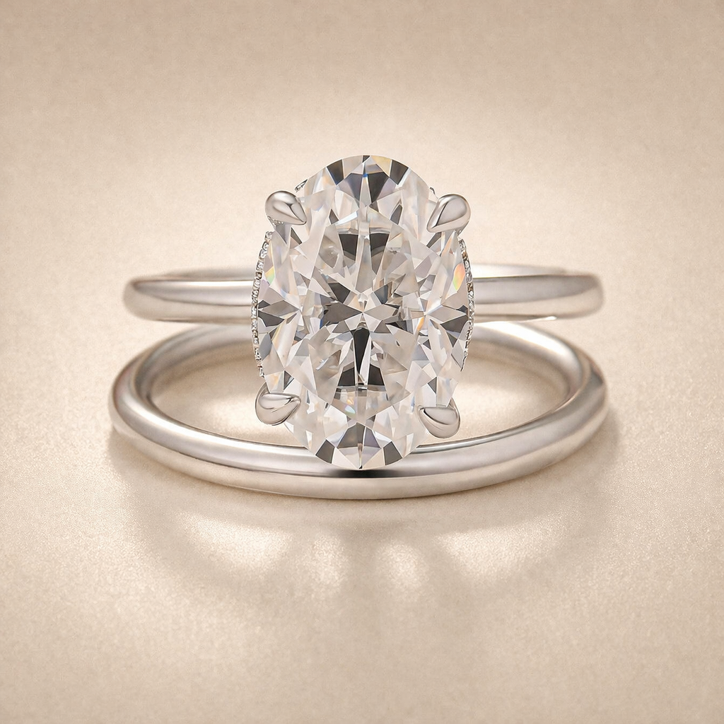 S925 Moissanite 4.0Ct Solitaire Oval Cut Engagement Ring with Plain Wedding Band