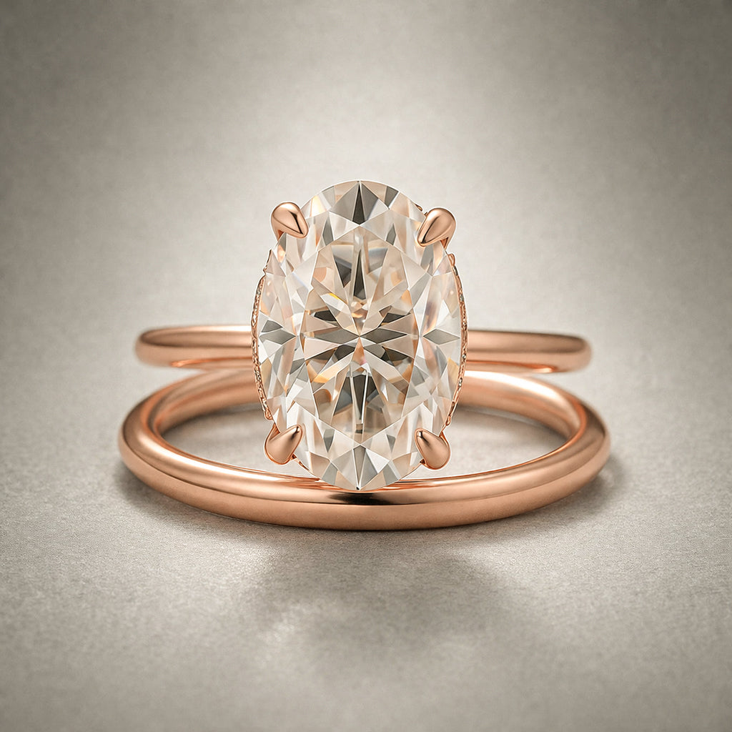 S925 Moissanite 4.0Ct Solitaire Oval Cut Engagement Ring with Plain Wedding Band