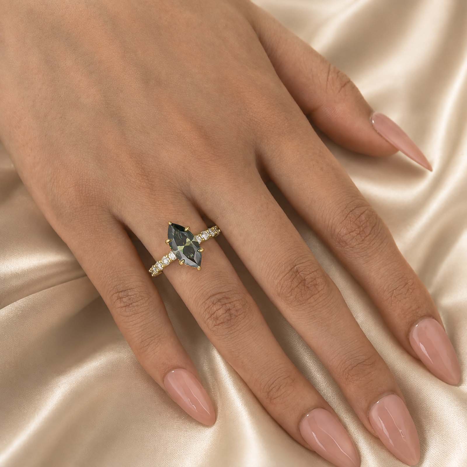 S925 Moissanite 3.0 Ct Marquise Cut Green/White Stone Yellow Gold Plated Engagement Ring