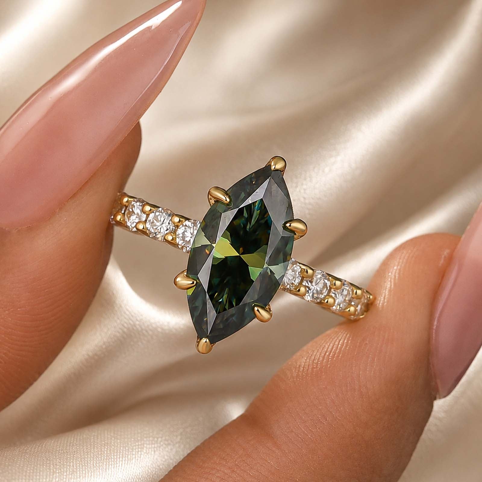 S925 Moissanite 3.0 Ct Marquise Cut Green/White Stone Yellow Gold Plated Engagement Ring