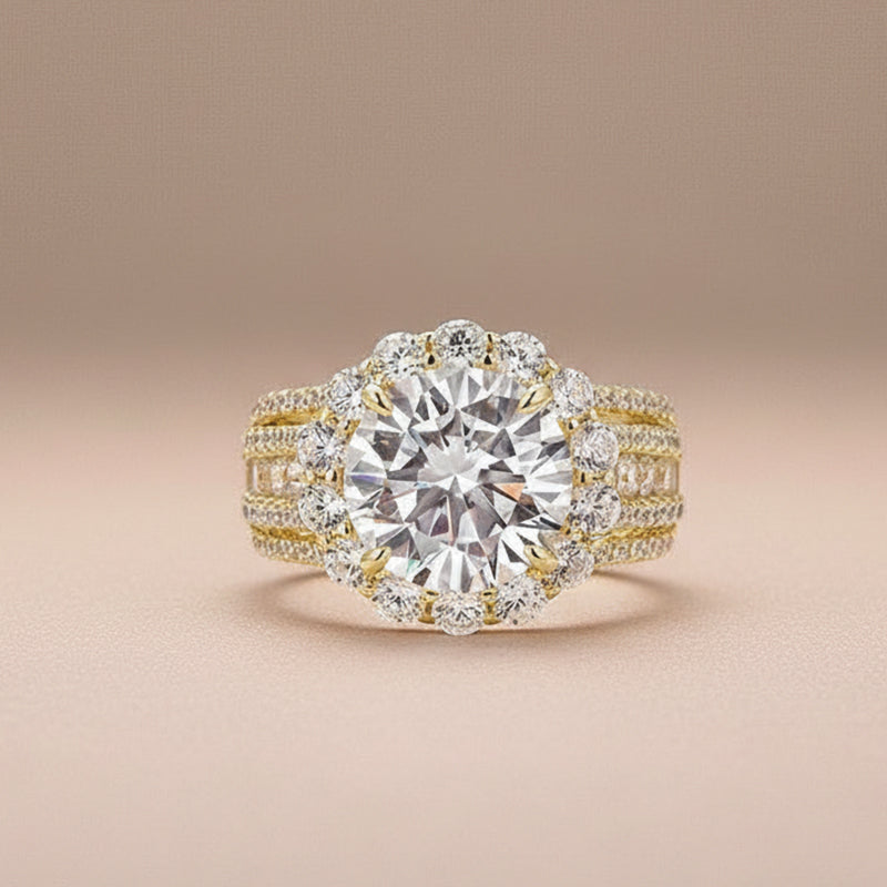Halo Split Shank 4.0Ct Round Cut Yellow Gold Moissanite Engagement Ring