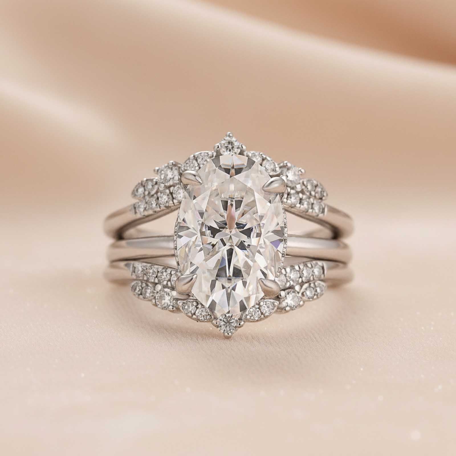 S925 Moissanite 4.0Ct Oval Cut Engagement Ring with Round Cut Insert Wedding Band Enhancer Wedding Set