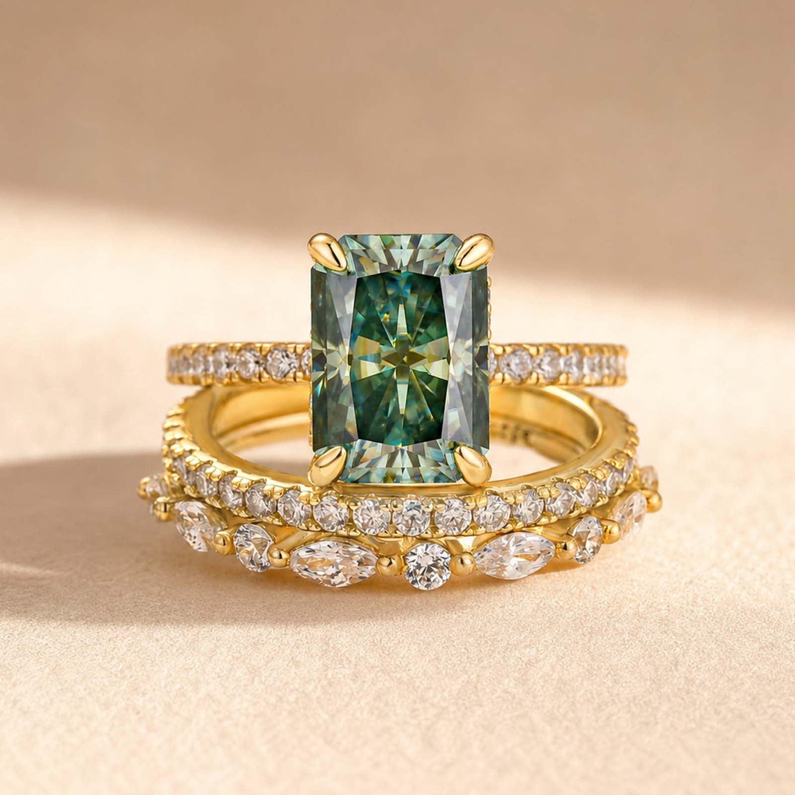 S925 Moissanite 3.5Ct Radiant Cut Green Engagement Ring with Round & Marquise Accents Bands Stackable Ring Set