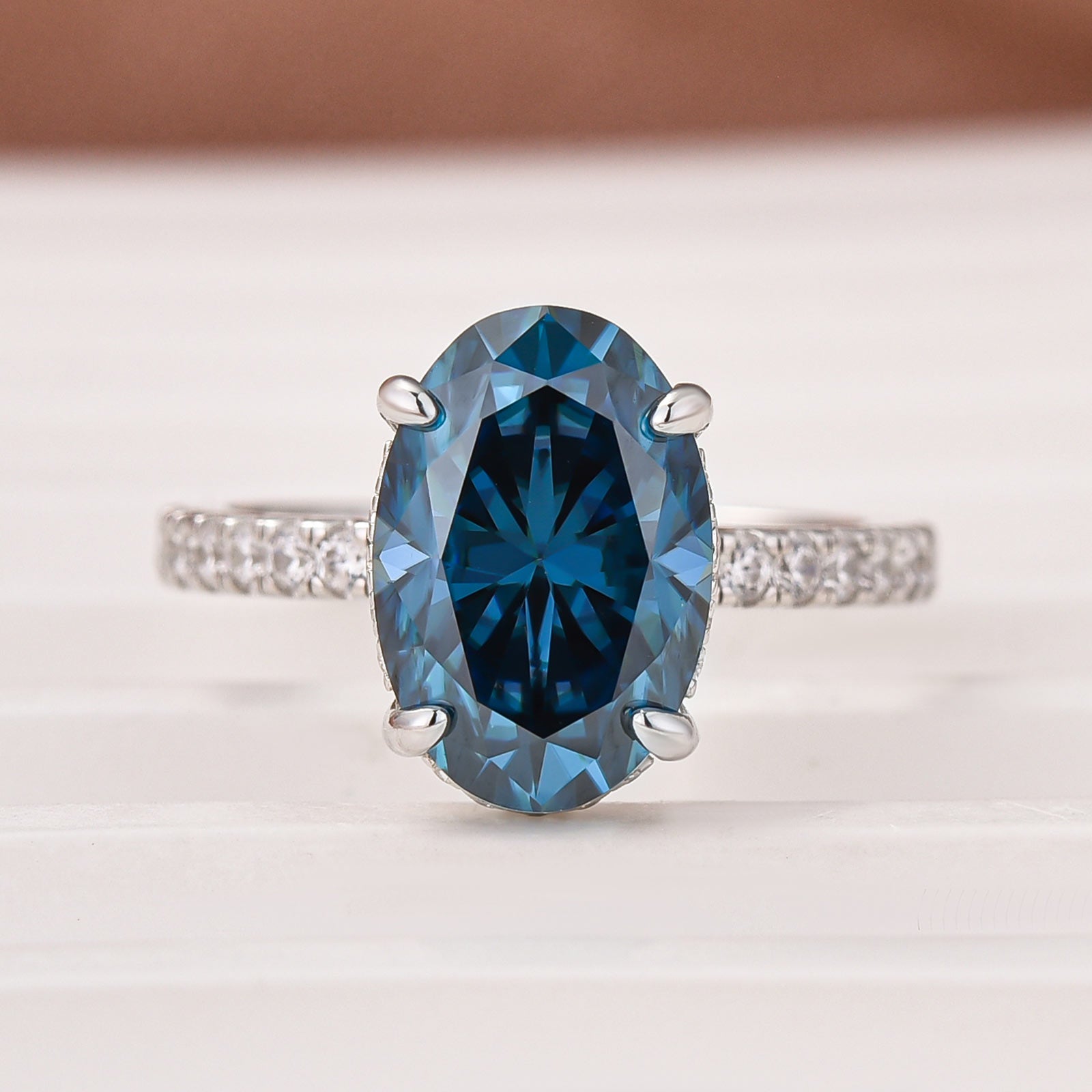 Moissanite 4.0Ct Oval Cut Turquoise/Blue Stone Hidden Halo Engagement Ring in Sterling Silver