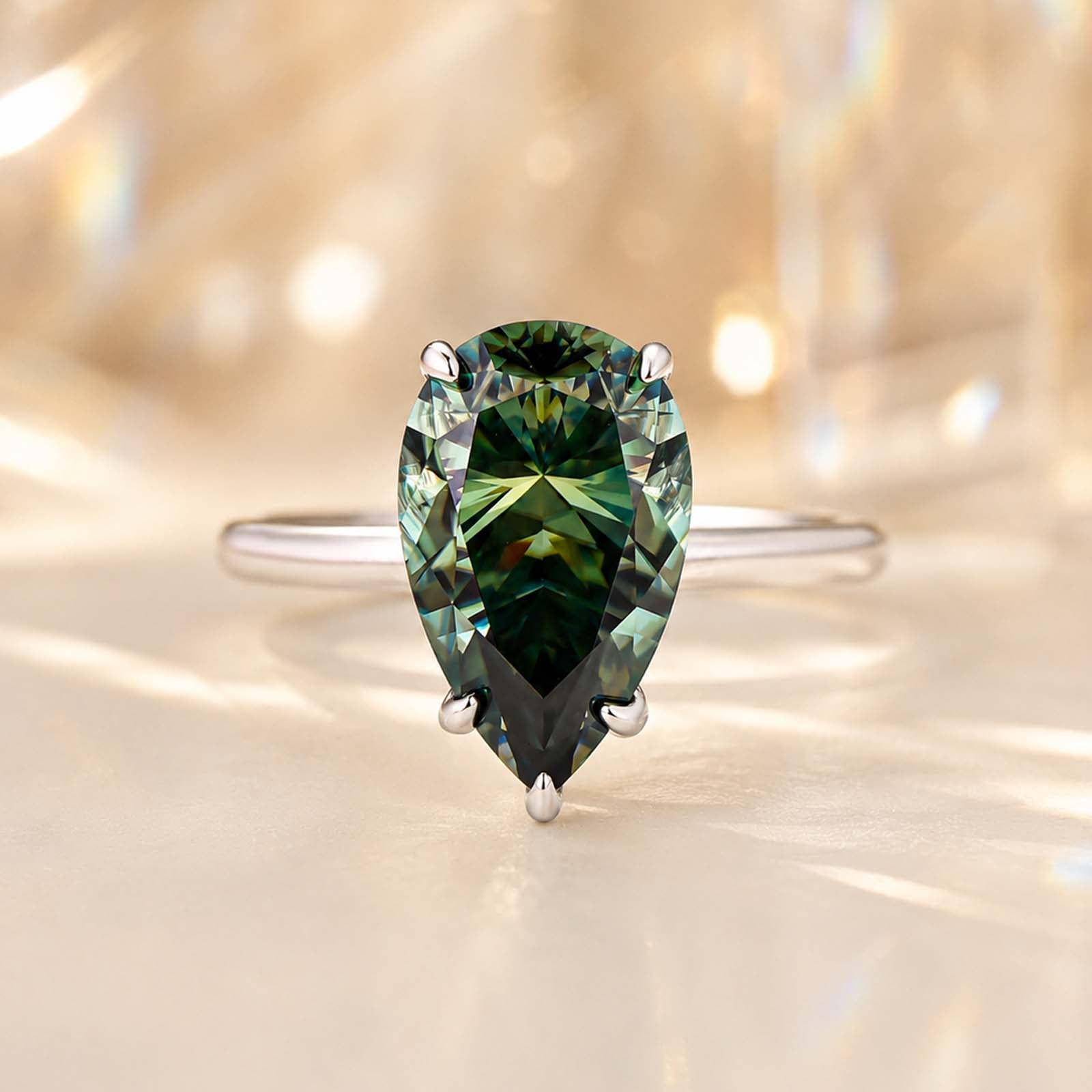 S925 Moissanite 4.0Ct Pear Cut Green Solitaire Unique Engagement Ring For Her