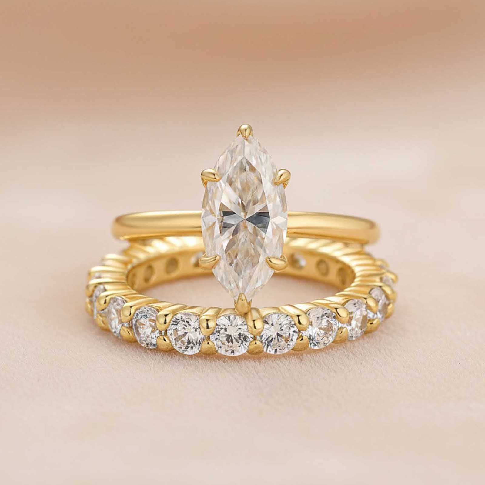 S925 Moissanite 2.0Ct Marquise Cut Hidden Halo White Gold Engagement Ring with Pavé Eternity Ring