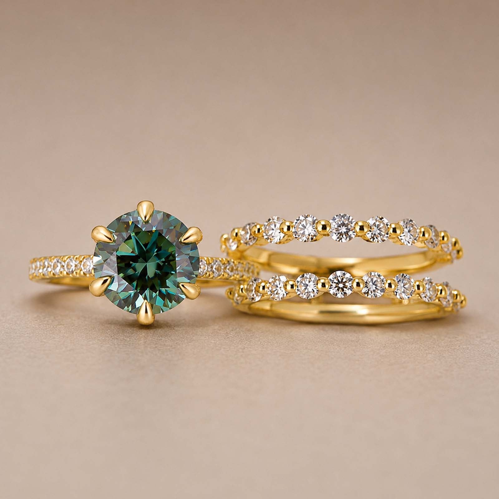 S925 Moissanite 2.0Ct~3.0Ct Radiant /Round Cut Green Hidden Halo Enhancer Ring Sets For Her