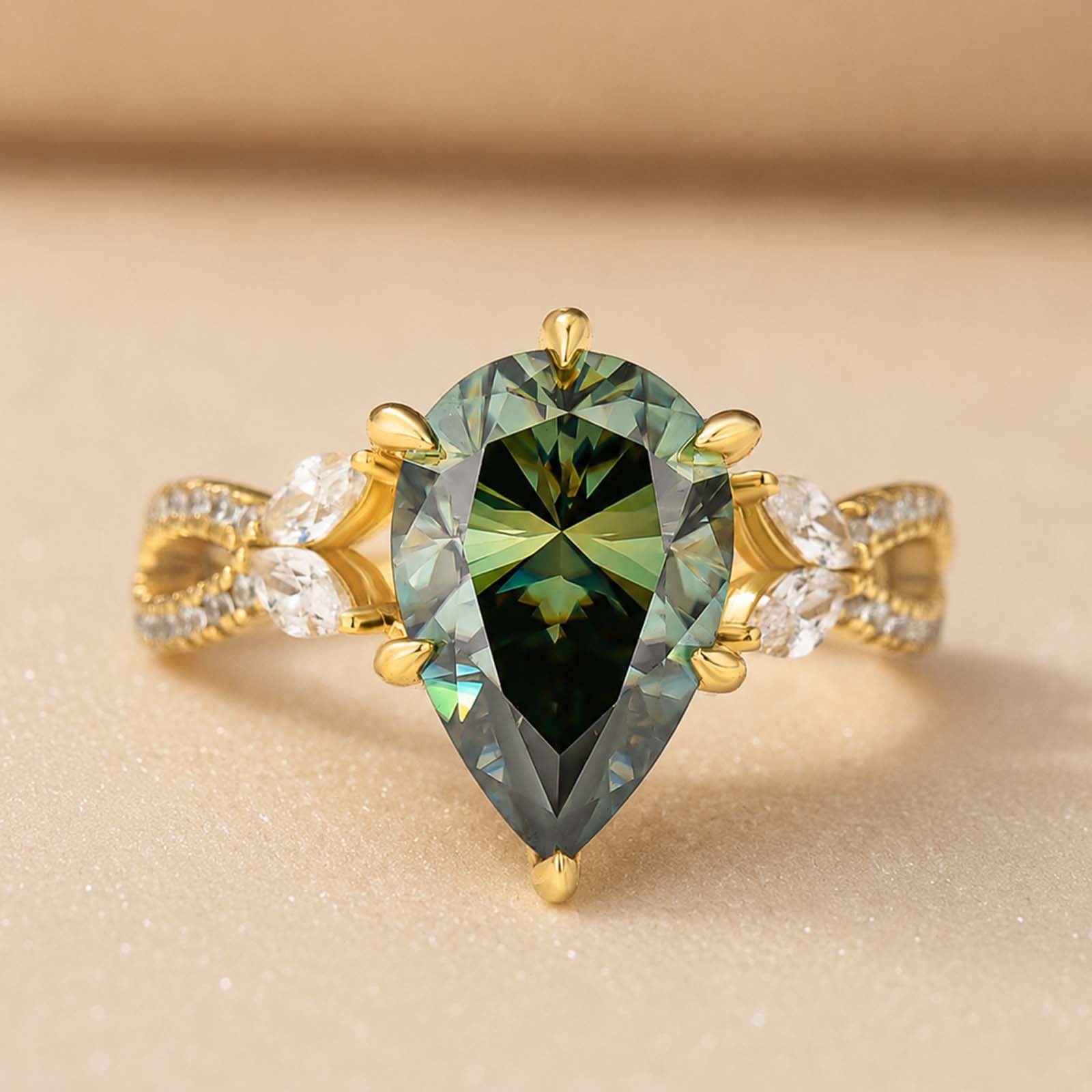 S925 Moissanite 3.5Ct Split Shank Floral Green Stone Engagement Ring Everyday Wearable Ring