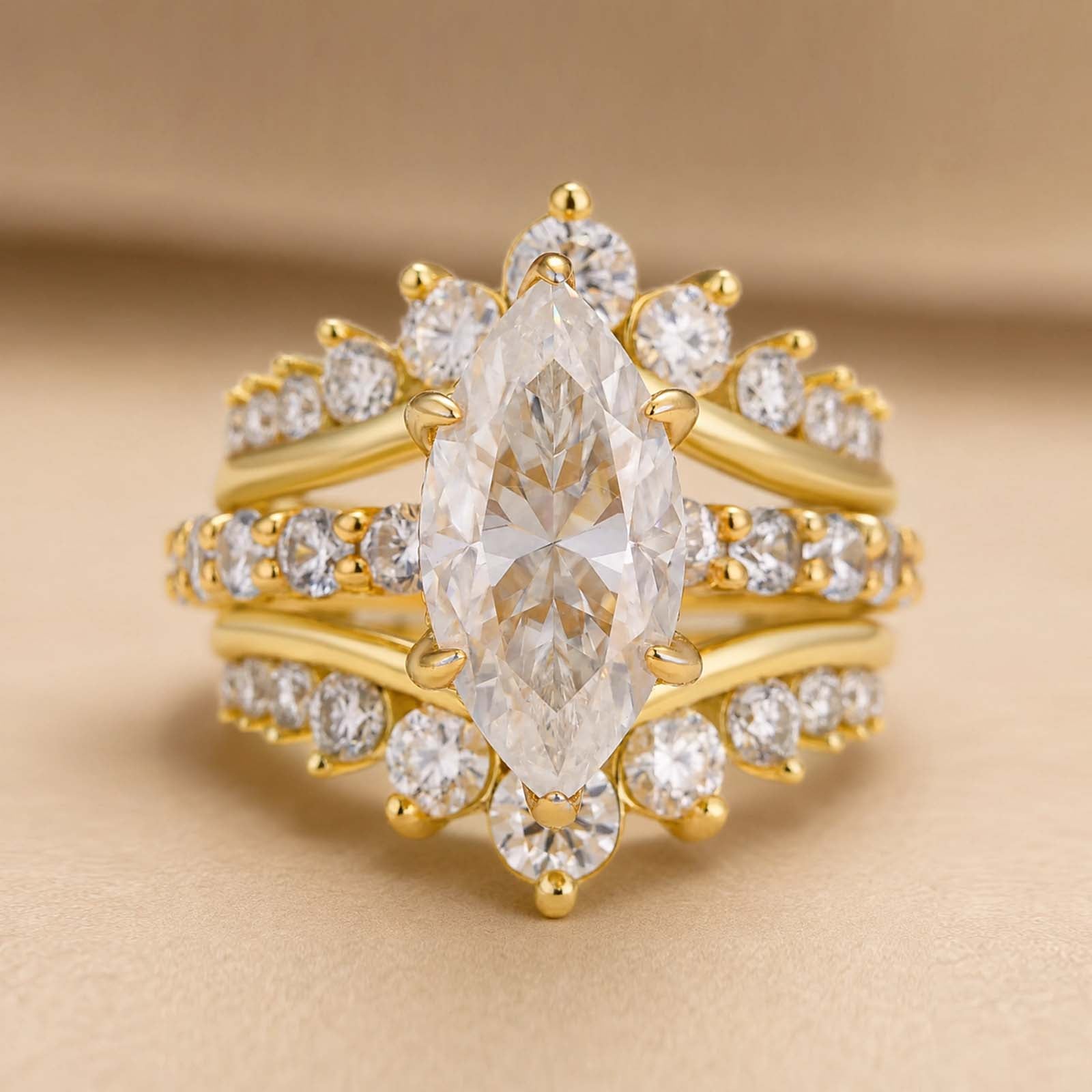 S925 Moissanite 3.0 Ct Marquise Cut Enhancer Ring Set In 18K Yellow Gold Plated Sterling Silver