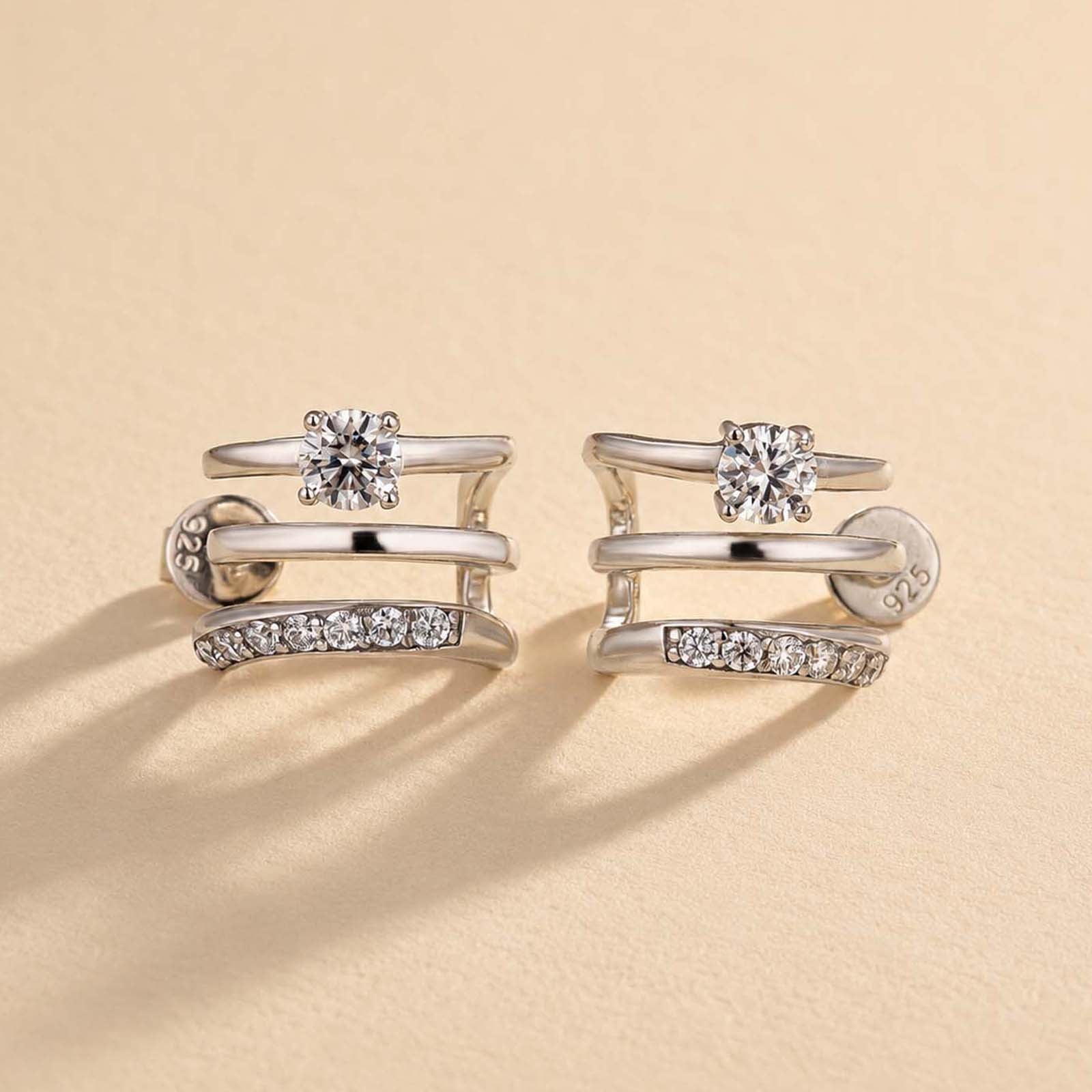 S925 Moissanite 0.1Ct*2pc Round Cut Triple-Band Hoop Earrings Travel Earrings