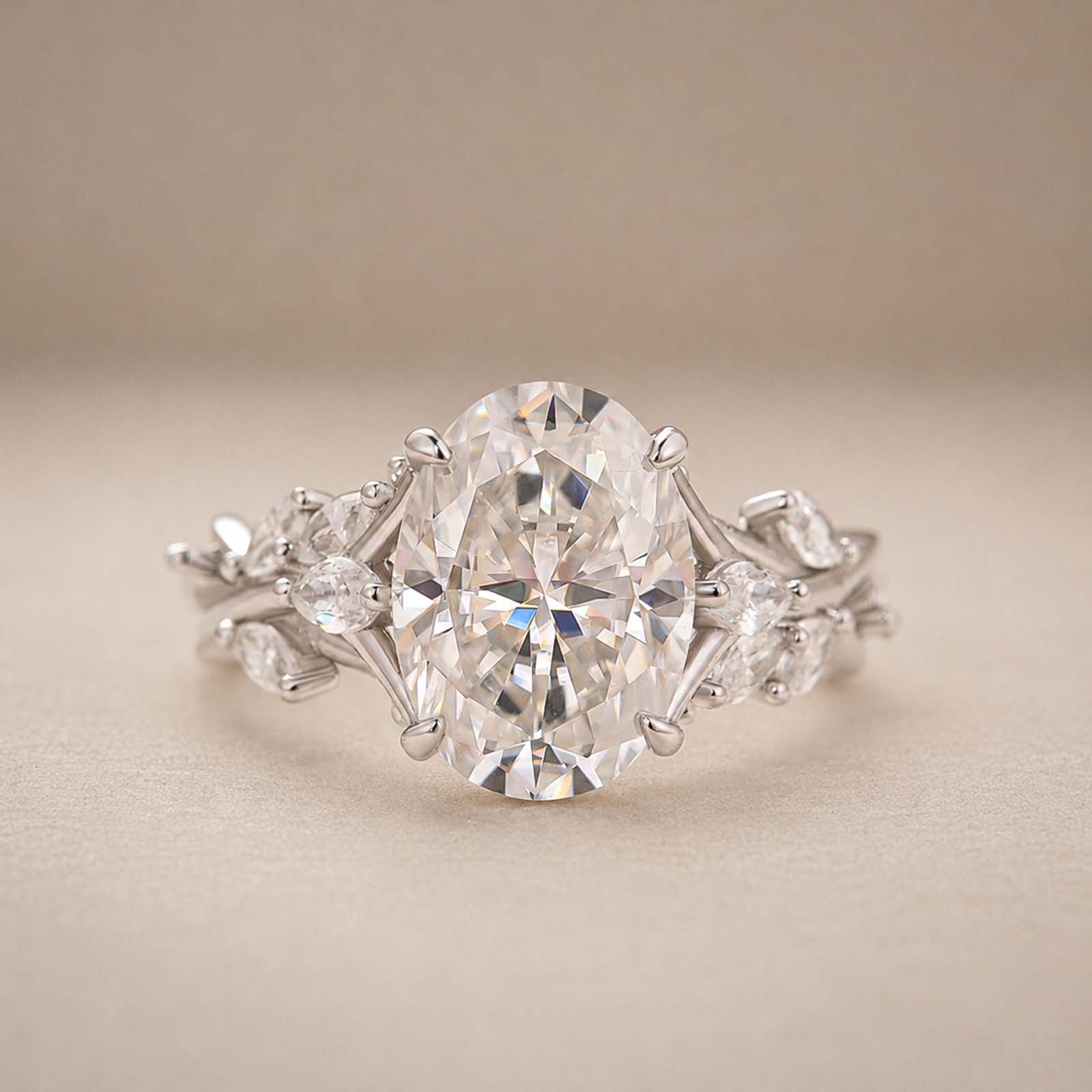S925 Moissanite 3.0Ct Oval Cut Side Stone Twist Nature-Inspired Engagement Ring In Sterling Silver