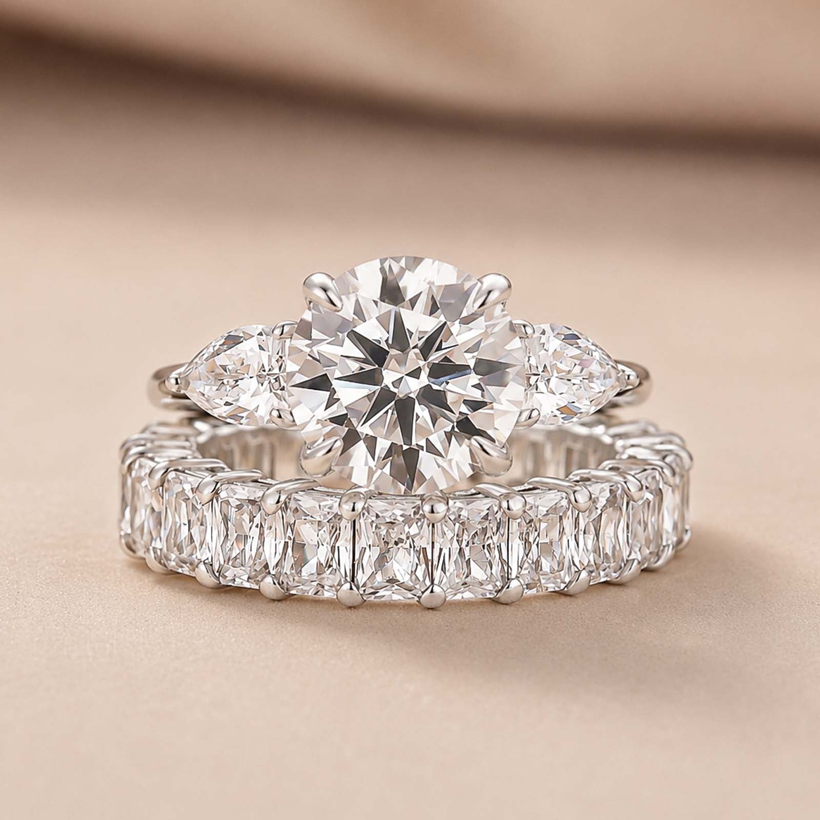 S925 Moissanite 4.0Ct Round Cut Three Stone Stackable Statement Wedding Ring Set Travel Rings