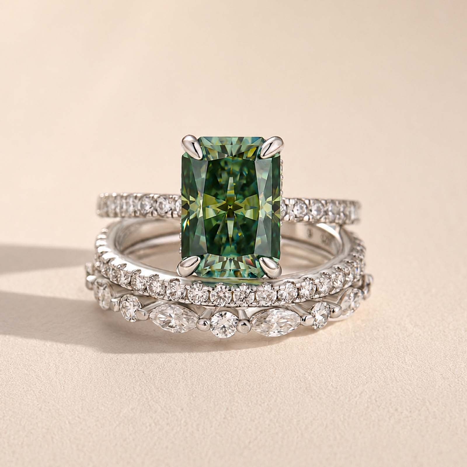 S925 Moissanite 3.5Ct Radiant Cut Green Engagement Ring with Round & Marquise Accents Bands Stackable Ring Set