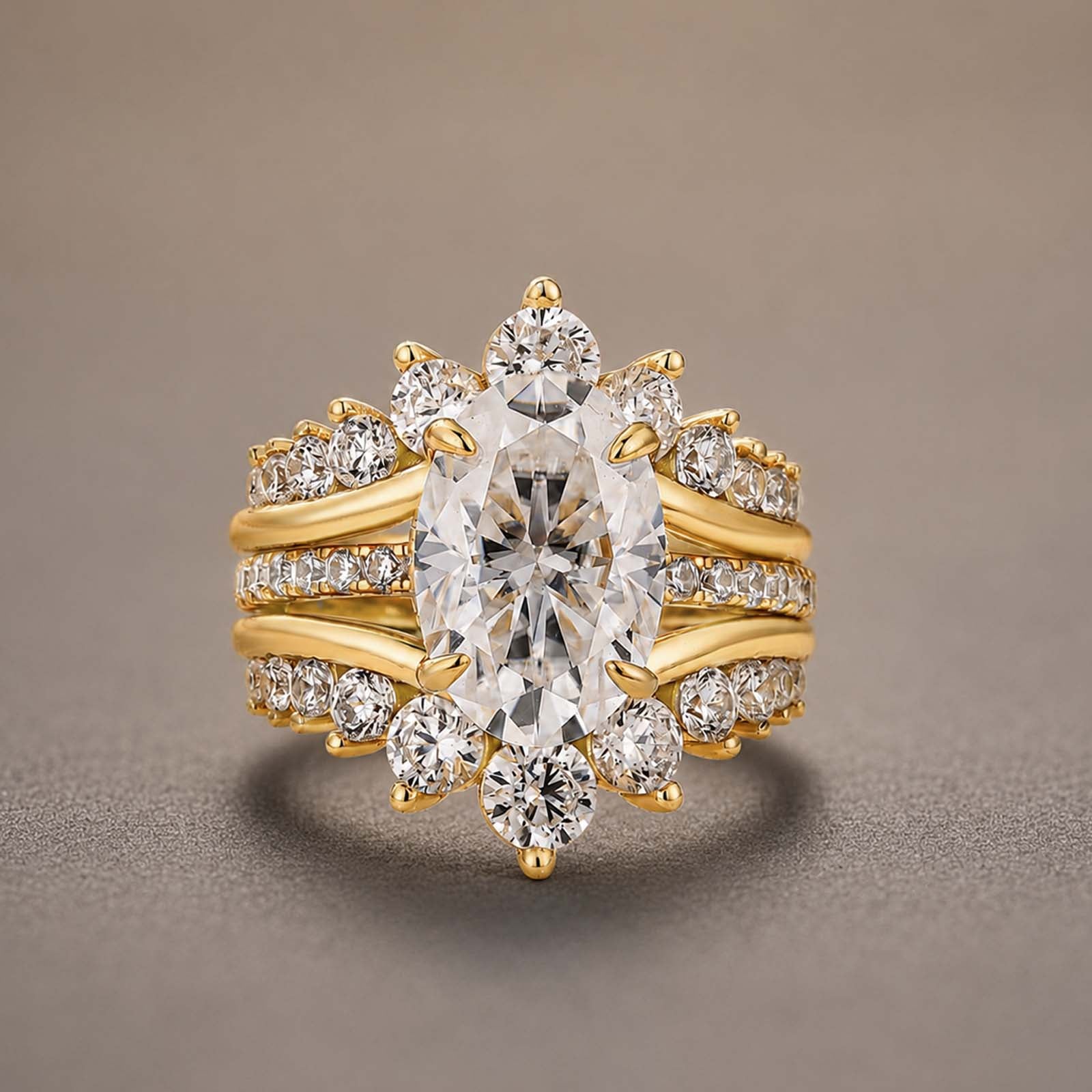 S925 Moissanite 4.0Ct Oval Cut Engagement Ring with V-Shaped Crown Enhancer Band For Everyday Wear