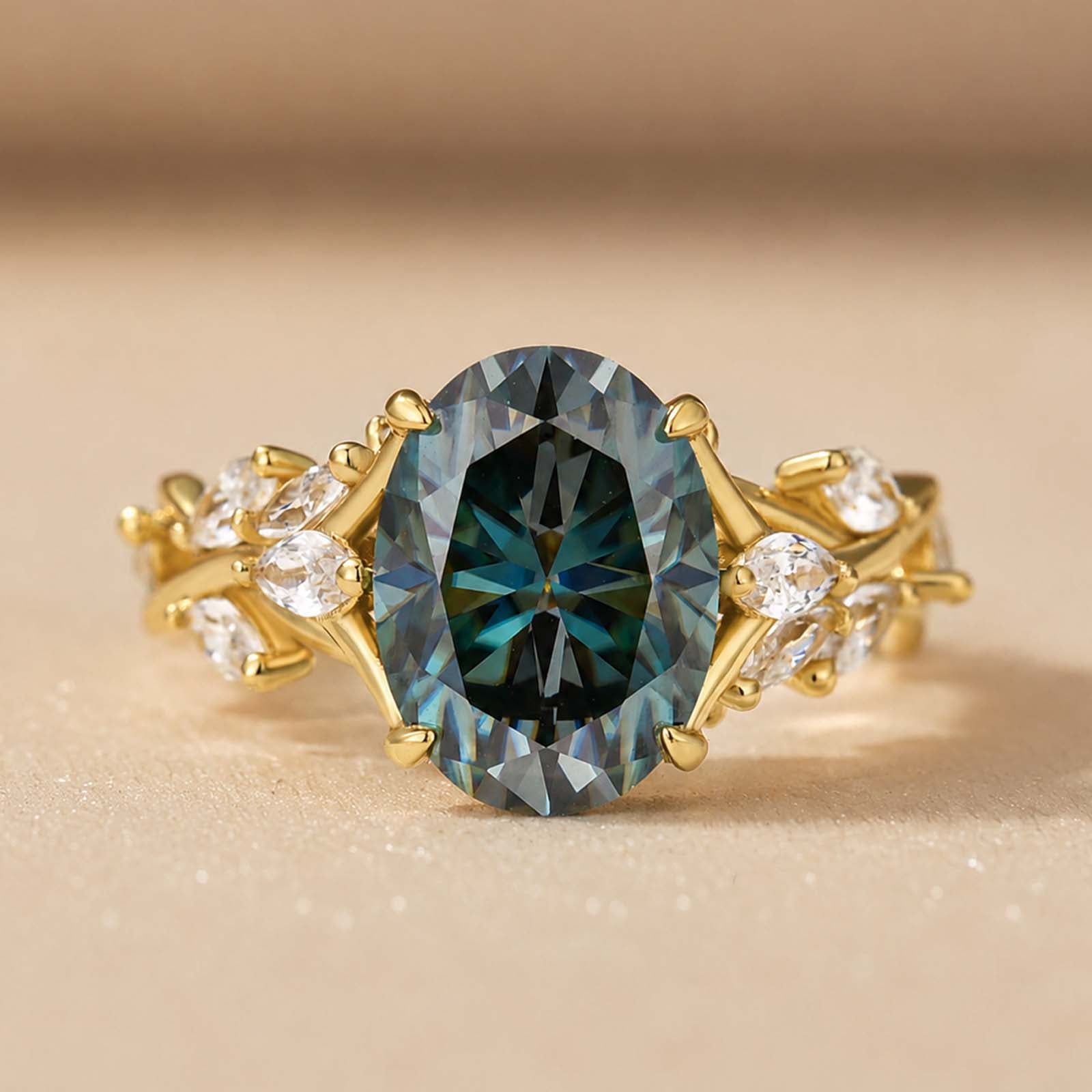 S925 Moissanite 3.5 Oval Vine Green Stone Nature-Inspired Ring For Daily Wear