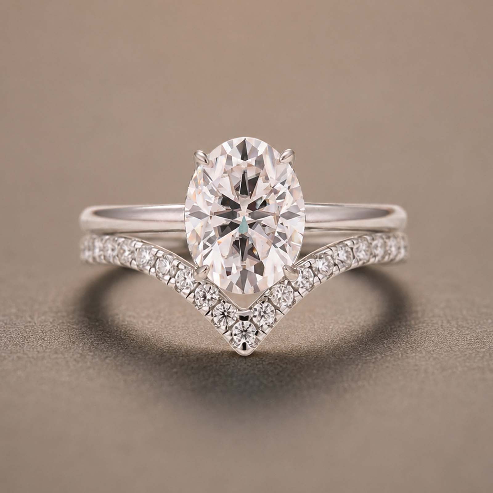 S925 Moissanite 2.0Ct Oval Cut V-Shaped Band Stackable Bridal Rings For Holiday Ring Gift