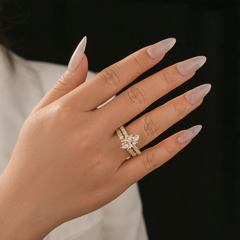 S925 Moissanite 3.0Ct Marquise Cut Yellow Gold Wedding Ring with Oval Cut Wedding Ring