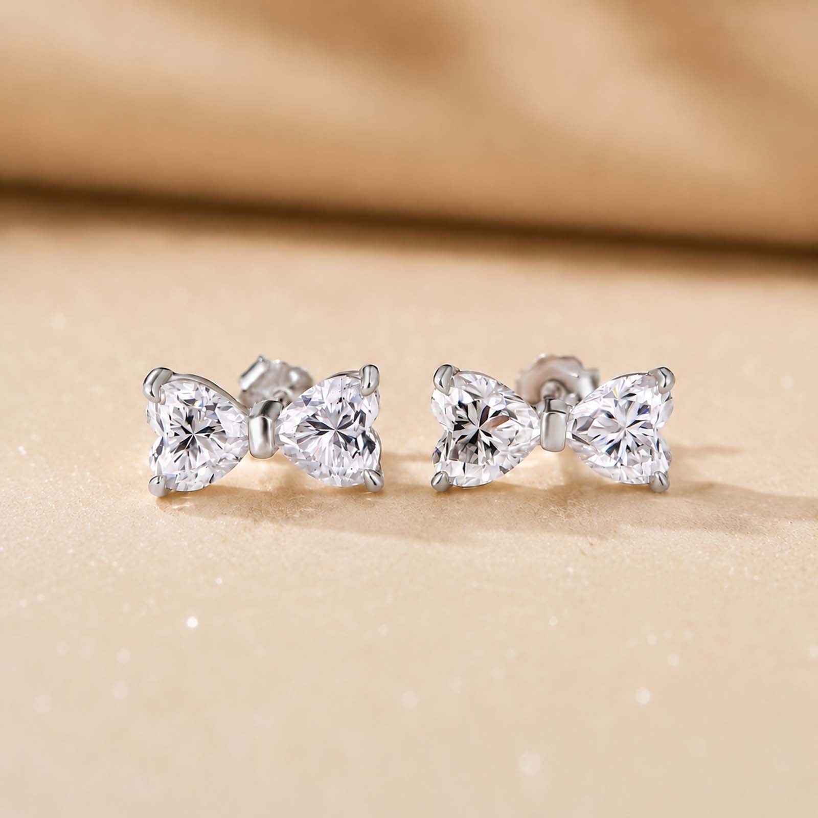 S925 Moissanite 1.0Ct*2 Dual Heart Cut Bow Shape Stud Earrings Romantic Earring Gift For Her