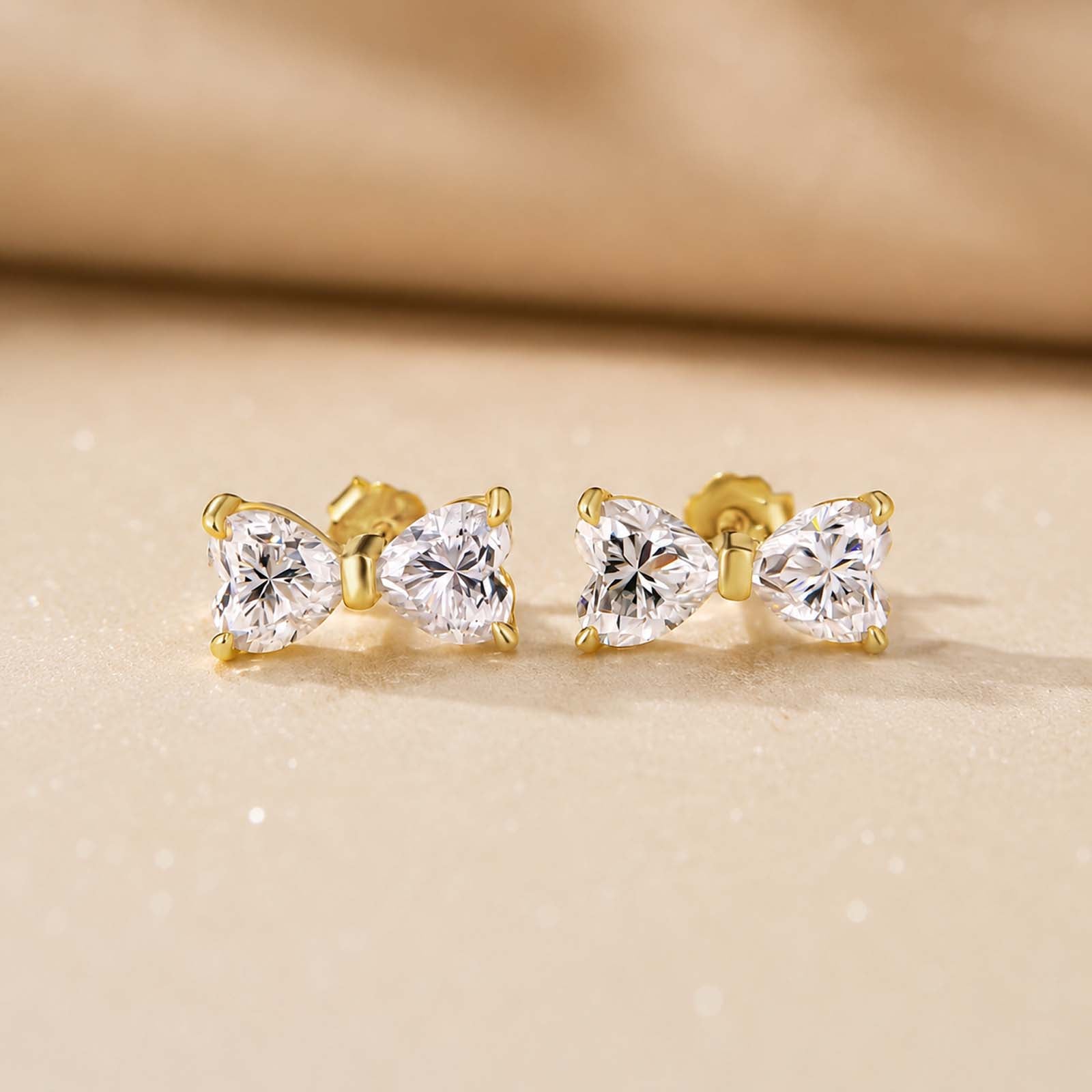 S925 Moissanite 1.0Ct*2 Dual Heart Cut Bow Shape Stud Earrings Romantic Earring Gift For Her