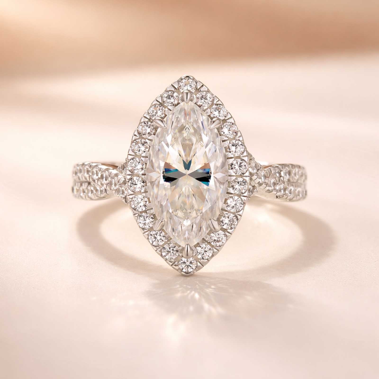 S925 Moissanite 3 Ct White Marquise Cut Halo Engagement Ring 925 Sterling Silver Promise Ring For Women