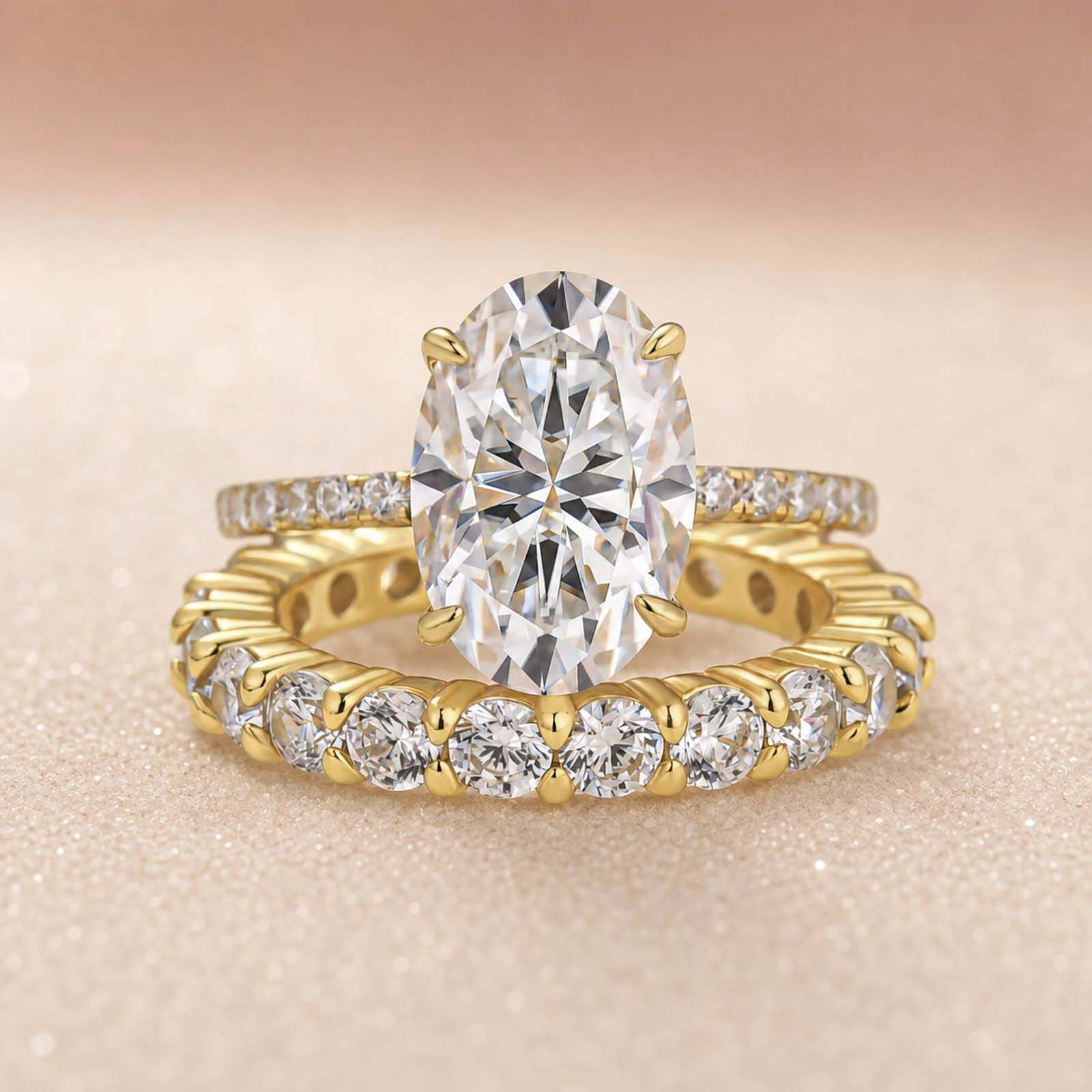 S925 Moissanite 4Ct Oval Hidden Halo Bridal Set Gold Plated Stackable Promise Wedding Ring For Women