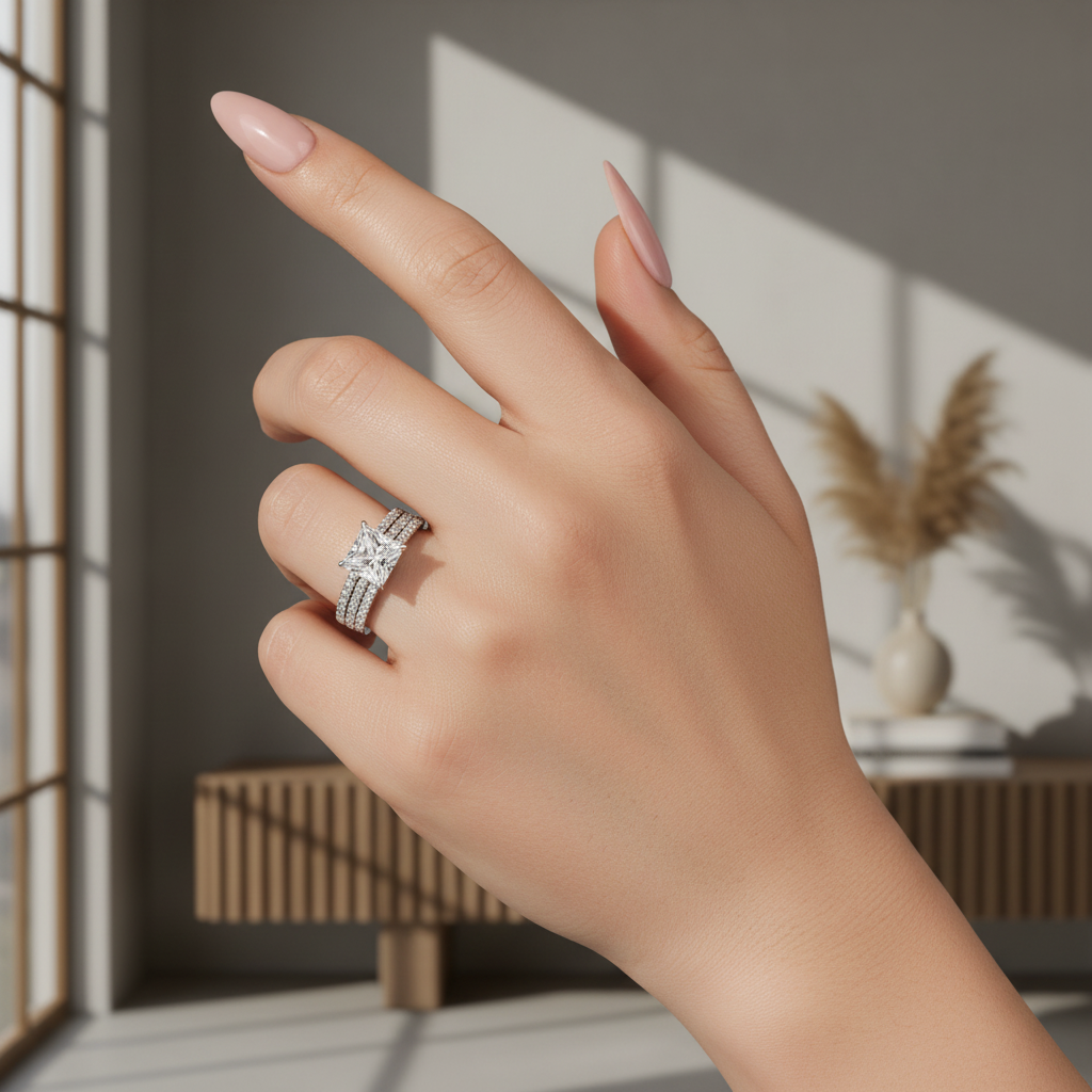 2.0 Ct Princess Cut Pavé White Gold Moissanite Diamond Wedding Ring