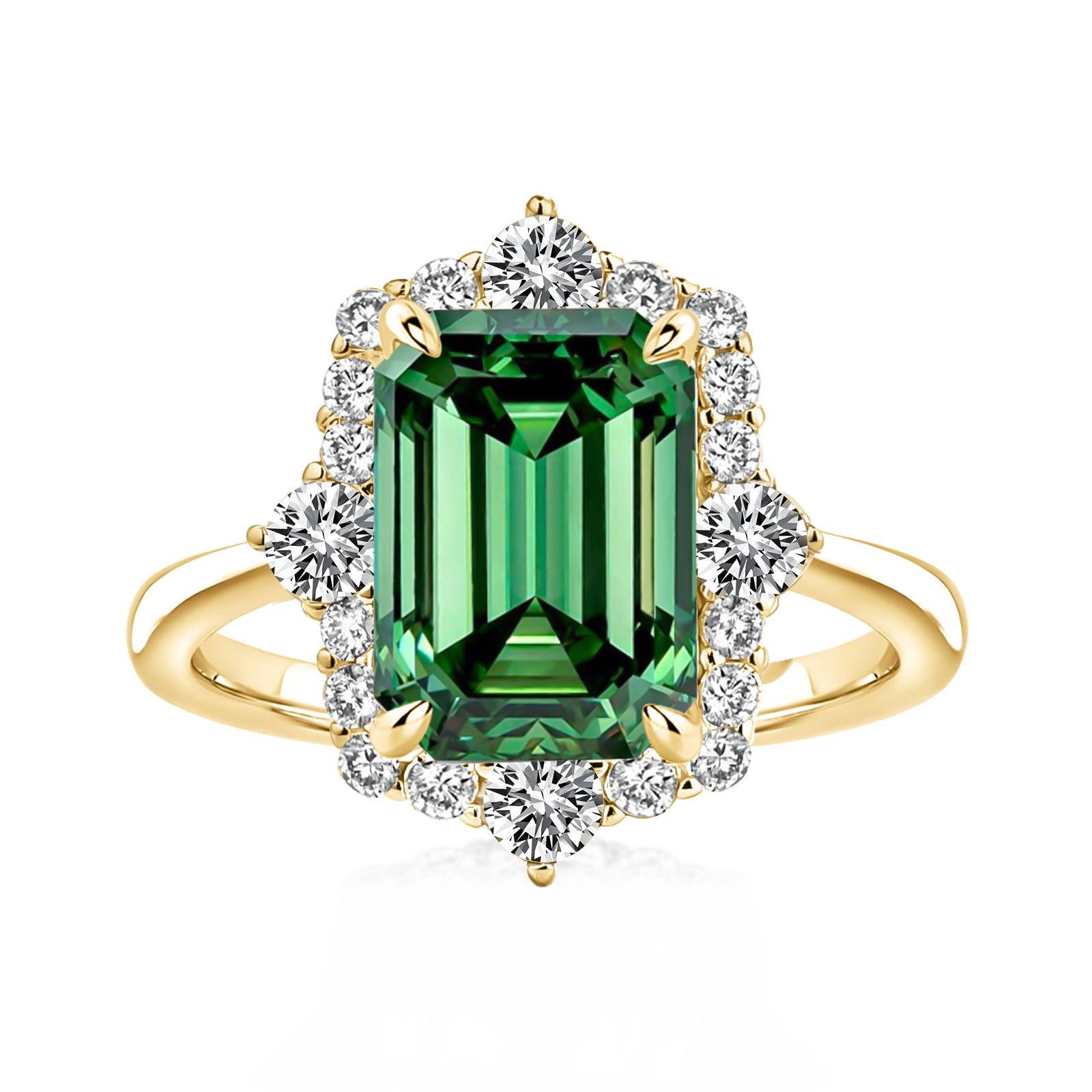 S925 Moissanite 3.0Ct Yellow Gold Halo Emerald Stone Emerald Cut Engagement Ring