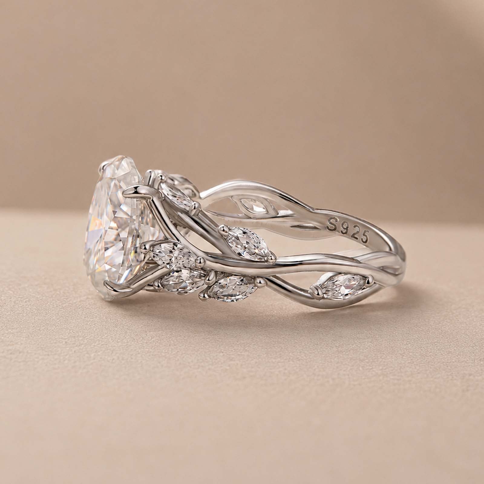S925 Moissanite 3.0Ct Oval Cut Side Stone Twist Nature-Inspired Engagement Ring In Sterling Silver