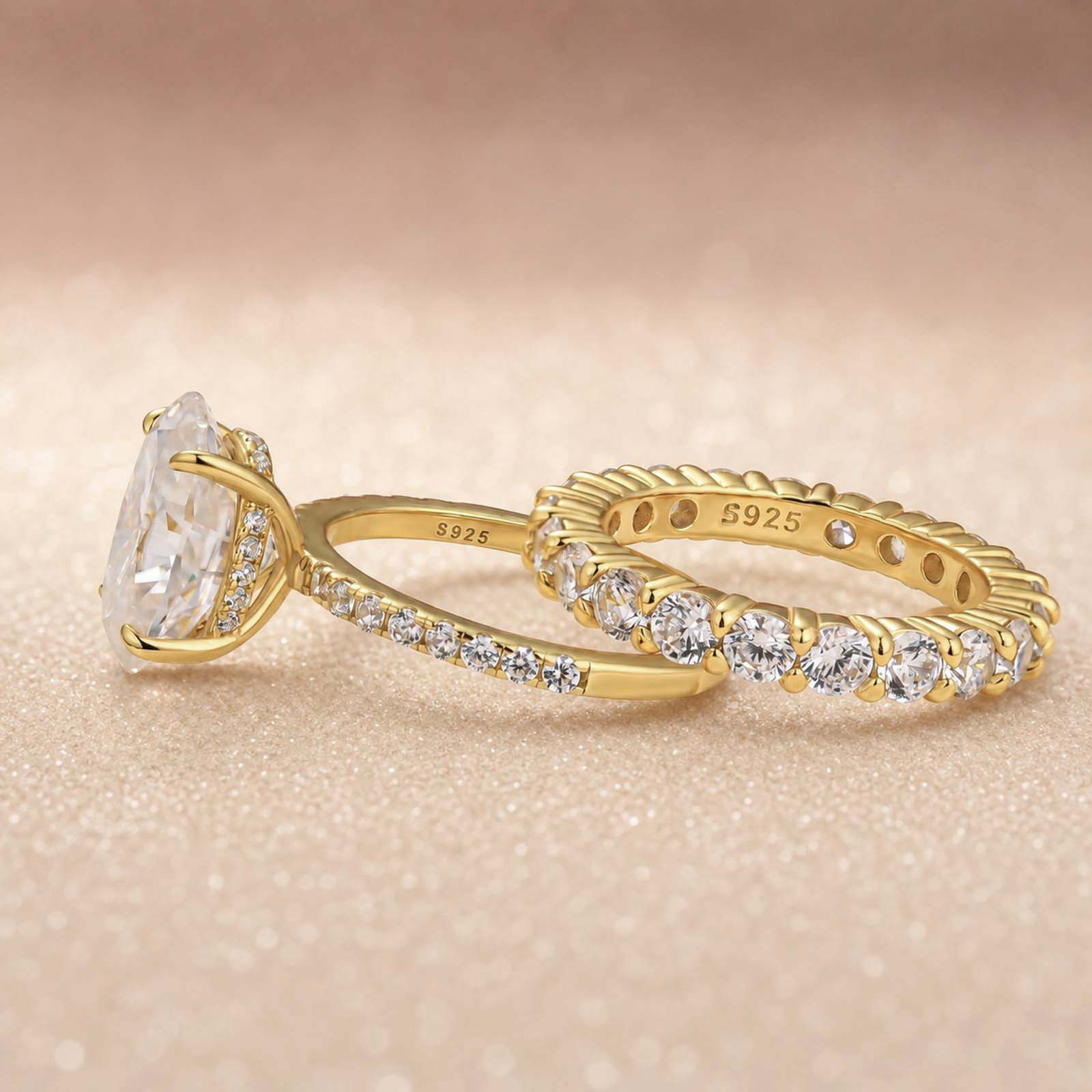 S925 Moissanite 4Ct Oval Hidden Halo Bridal Set Gold Plated Stackable Promise Wedding Ring For Women
