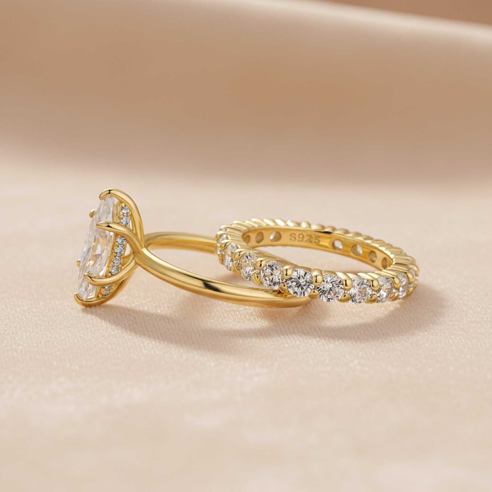 S925 Moissanite 2.0Ct Marquise Cut Hidden Halo White Gold Engagement Ring with Pavé Eternity Ring