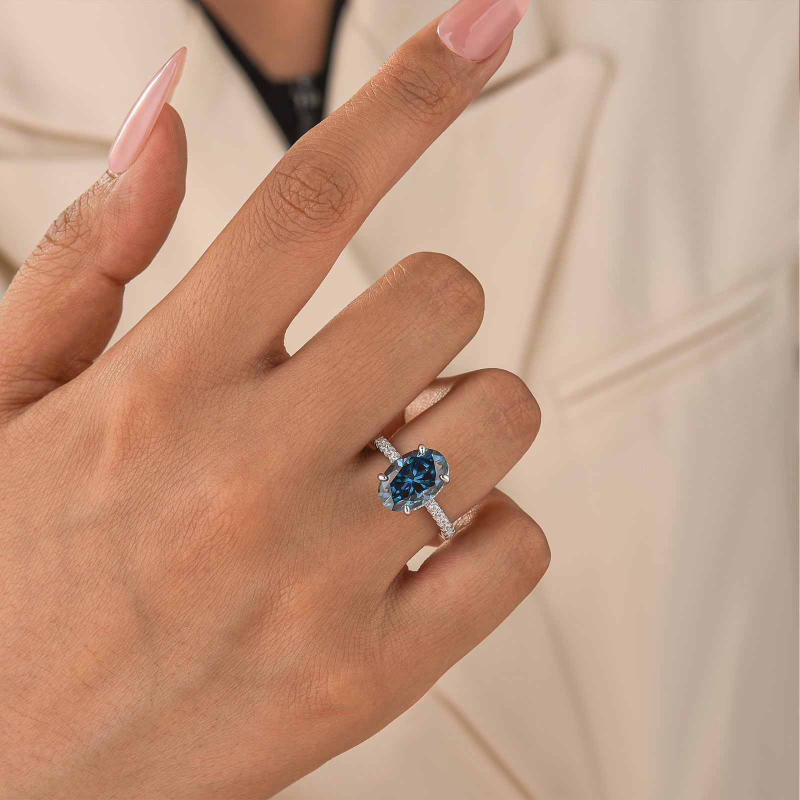 Moissanite 4.0Ct Oval Cut Turquoise/Blue Stone Hidden Halo Engagement Ring in Sterling Silver