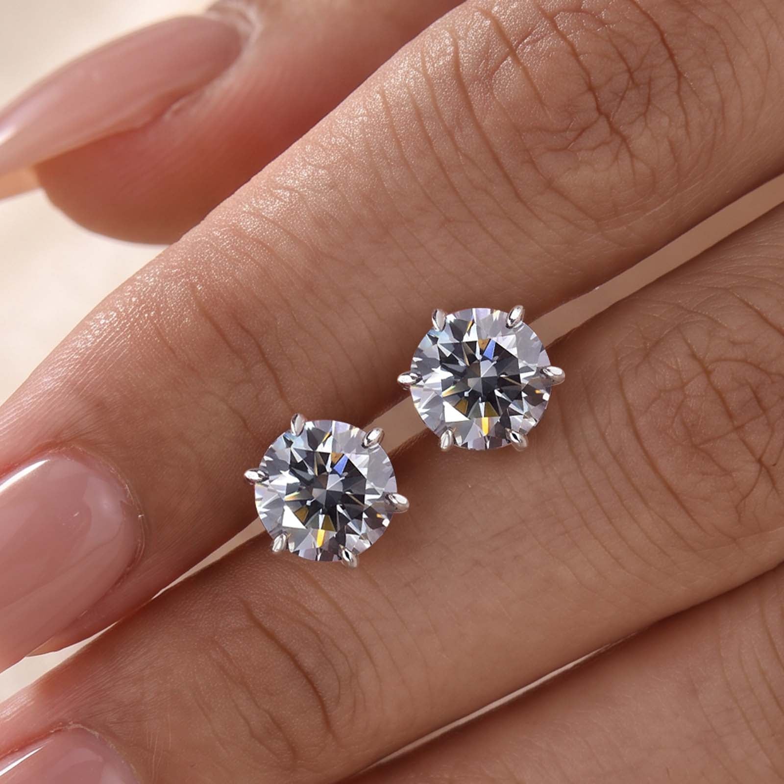 S925 Moissanite 2.0Ct Round Cut Green/Gray/White Stone 6 Prong Stud Earrings In Sterling Silver