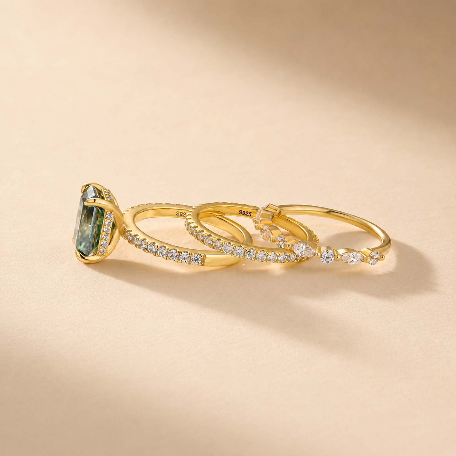 S925 Moissanite 3.5Ct Radiant Cut Green Engagement Ring with Round & Marquise Accents Bands Stackable Ring Set