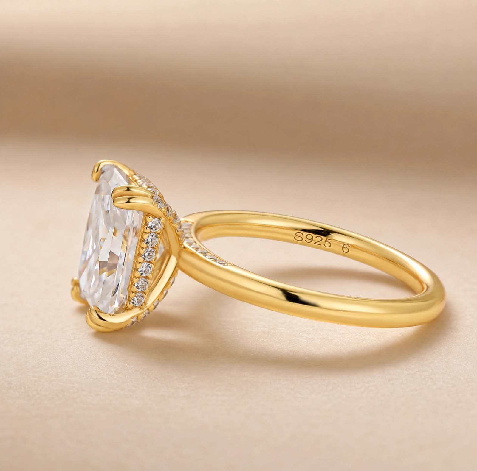 S925 Moissanite 3.5Ct Radiant Cut Hidden Halo Engagement Ring Gold Plated Promise Ring For Women
