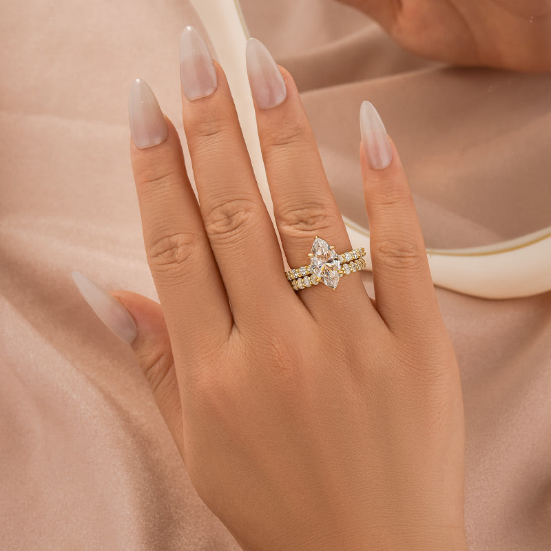 S925 Moissanite 3.0Ct Marquise Cut Yellow Gold Wedding Ring with Oval Cut Wedding Ring