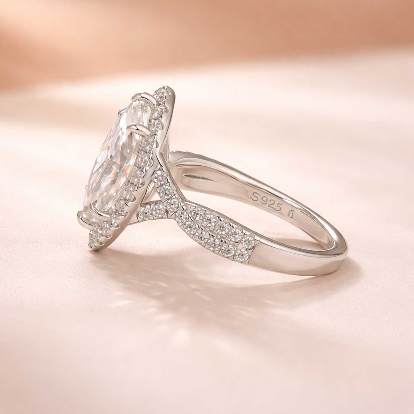 S925 Moissanite 3 Ct White Marquise Cut Halo Engagement Ring 925 Sterling Silver Promise Ring For Women